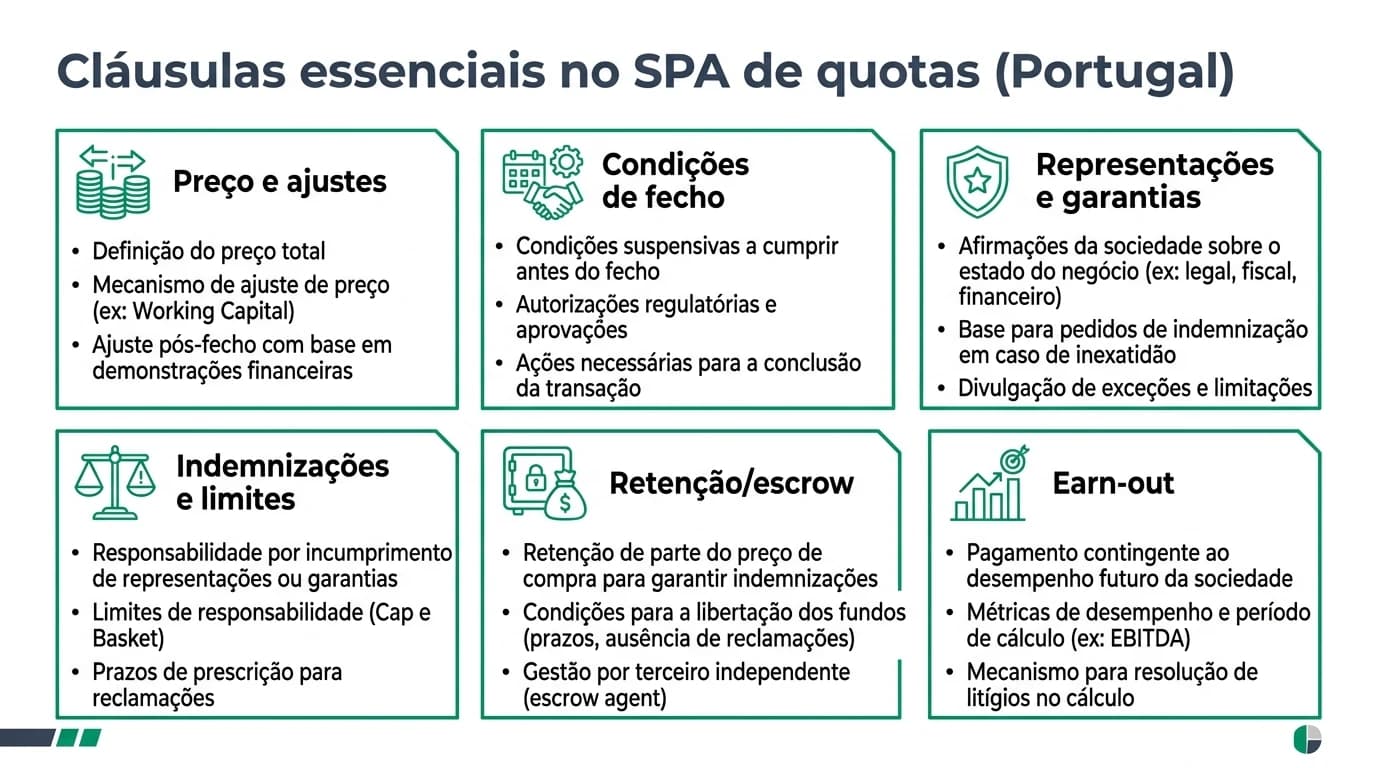 Infográfico profissional sobre cláusulas essenciais de SPA de quotas em Portugal, incluindo preço, garantias, indemnizações, retenção e earn-out para negócios de PME.