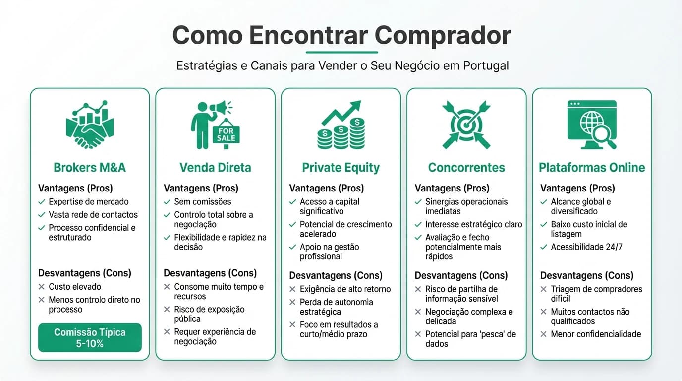 Infográfico com os 5 canais principais para encontrar comprador: brokers M&A, venda direta, private equity, concorrentes estratégicos e plataformas online, com prós e contras de cada.