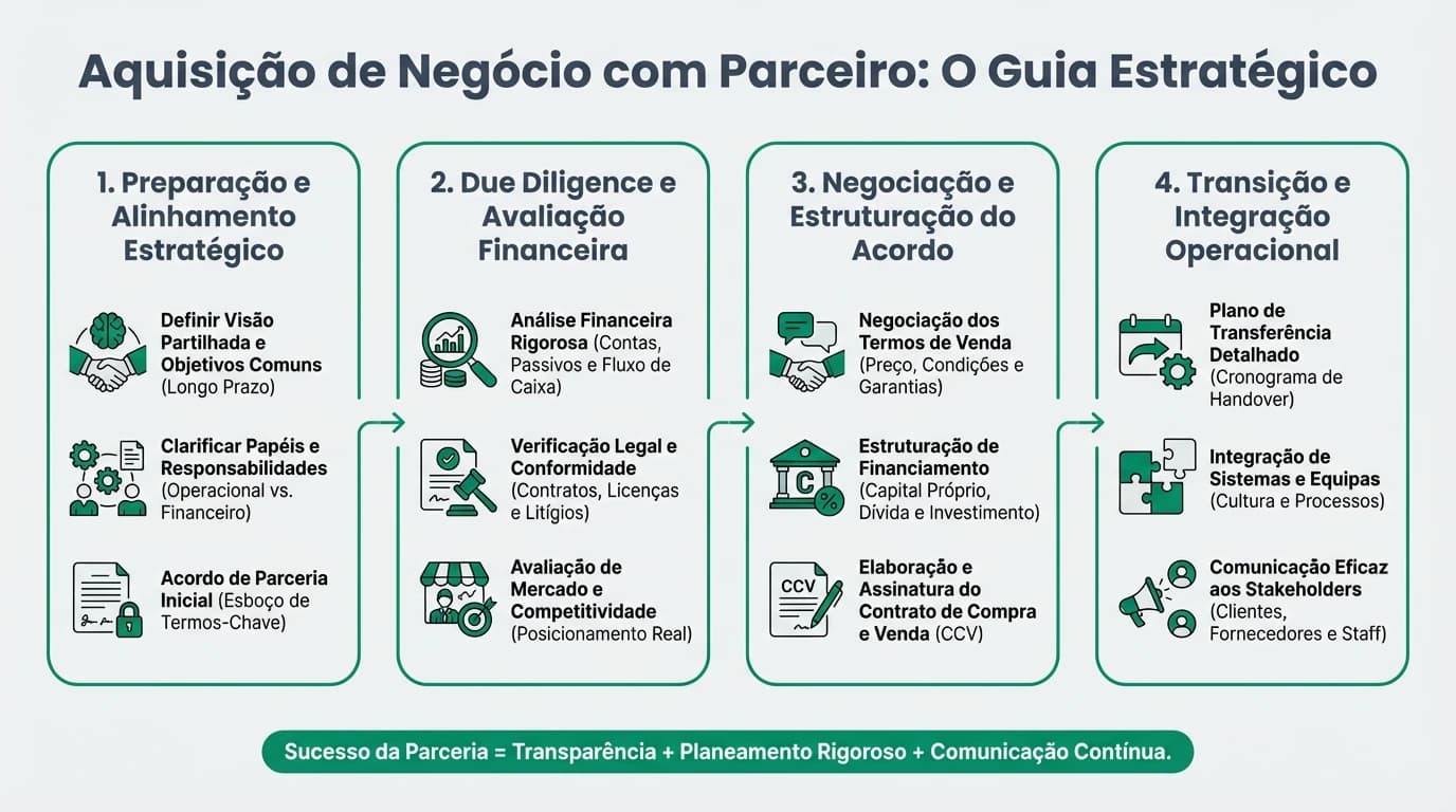 Infográfico sobre compra de empresa com sócio: estrutura societária, pacto de sócios, decisões críticas, financiamento e cláusulas de saída.
