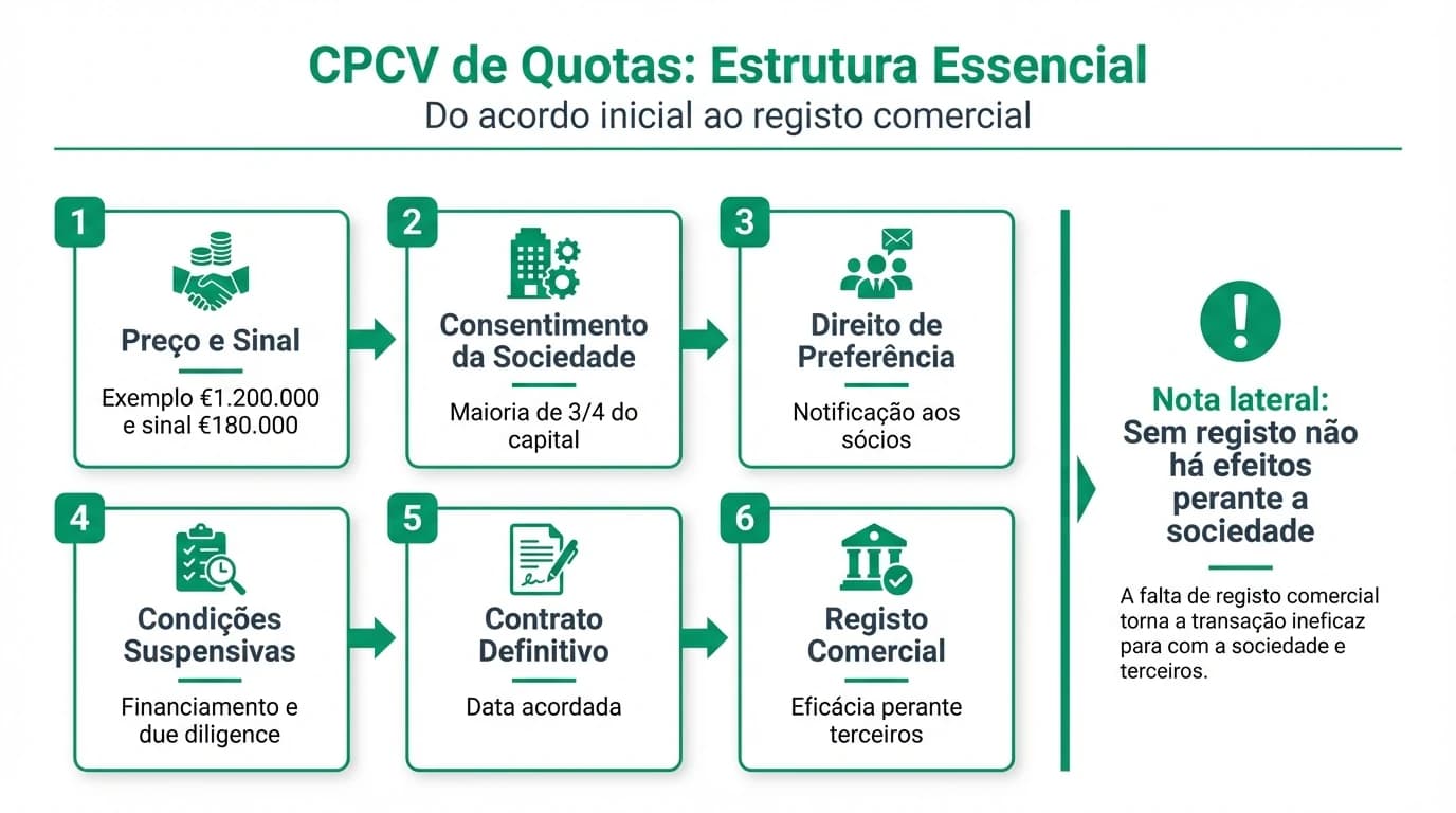 Infográfico com as etapas e cláusulas-chave do CPCV de quotas em Portugal, incluindo preço, sinal, consentimento da sociedade, condições suspensivas e registo