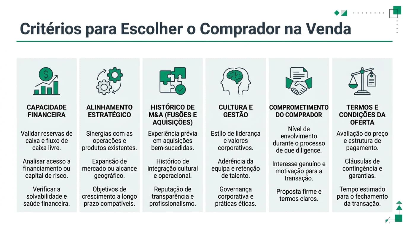Infográfico sobre critérios para escolher o comprador: preço, fit, capacidade de fecho, financiamento e continuidade em Portugal.