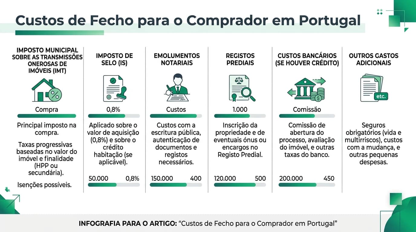 Infográfico sobre custos de fecho para o comprador: honorários, impostos, registos e repartição típica em Portugal.