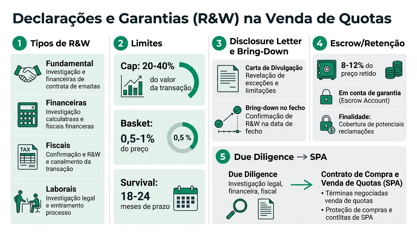 Infográfico em português sobre declarações e garantias na venda de quotas em Portugal: tipos de R&W, caps e baskets, survival, disclosure letter, retenção escrow e ligação à due diligence em PMEs.