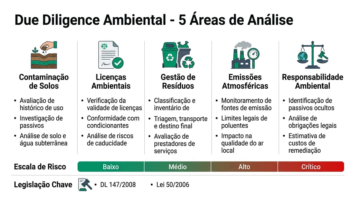 Infográfico 16:9 sobre due diligence ambiental em aquisições de empresas em Portugal, com blocos para áreas de análise (solos, água, ar, resíduos, licenças), regime legal DL 147/2008, fases de avaliação e custos típicos de remediação