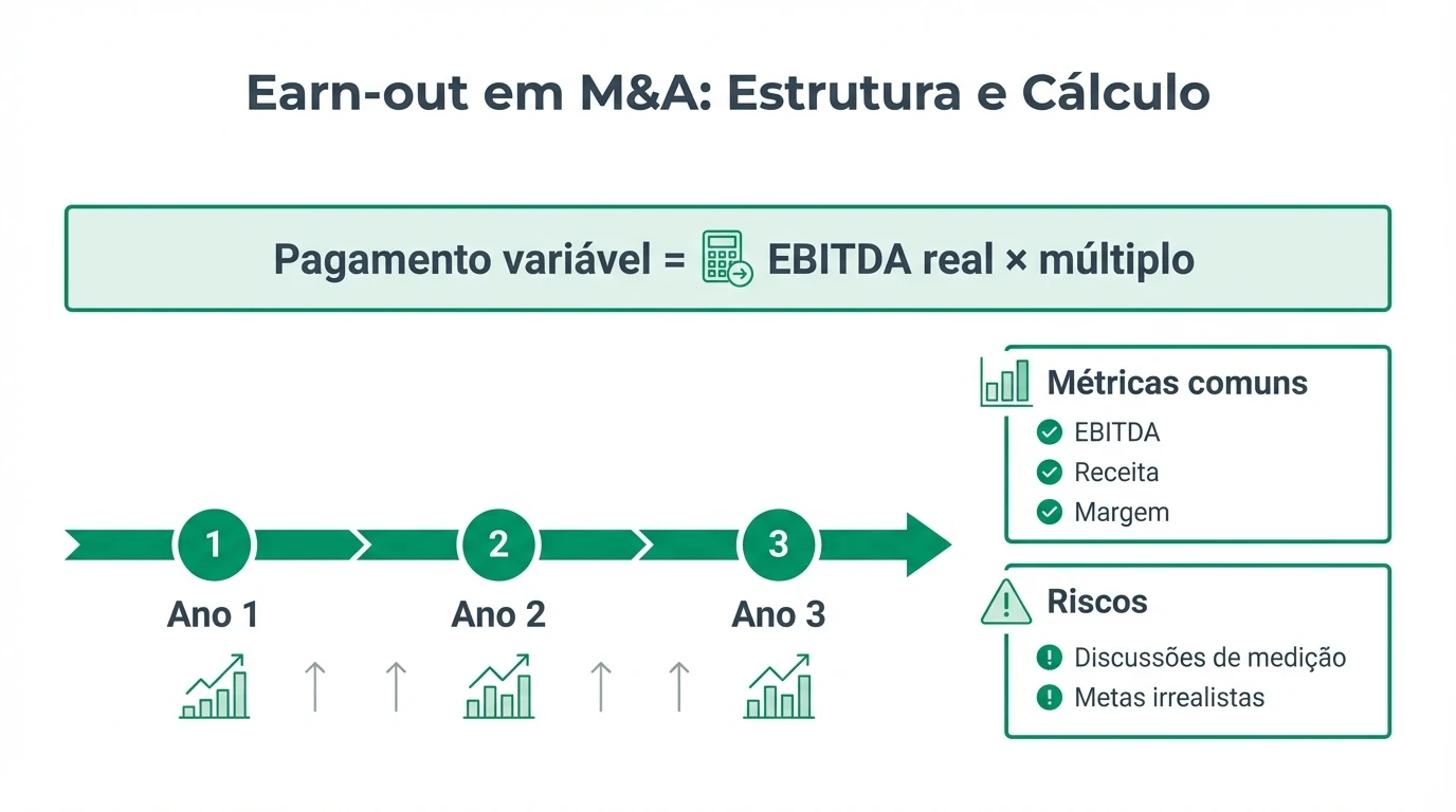 Infográfico que explica a estrutura de um earn-out, com fórmula de cálculo, timeline de 3 anos e métricas comuns como EBITDA e receita.