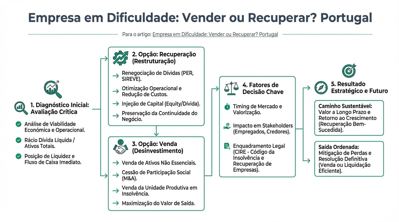 Infográfico sobre a decisão vender vs recuperar: critérios, PER, PEAP, venda em dificuldade e responsabilidades do administrador em Portugal.