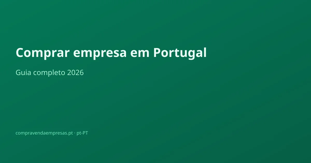 Infográfico guia completo para comprar empresa em Portugal: tese, procura, valuation, financiamento, due diligence e fecho.