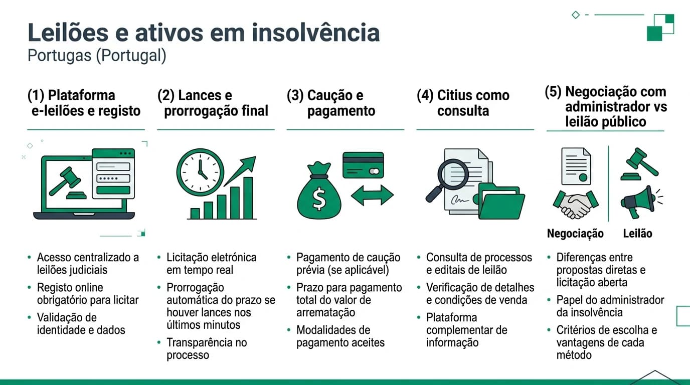Infográfico horizontal 16:9 sobre leilões eletrónicos e compra de ativos em insolvência em Portugal: e-leilões, lances e caução, consulta Citius e comparação com negociação privada com administrador de insolvência, estilo consultoria com texto legível em português.