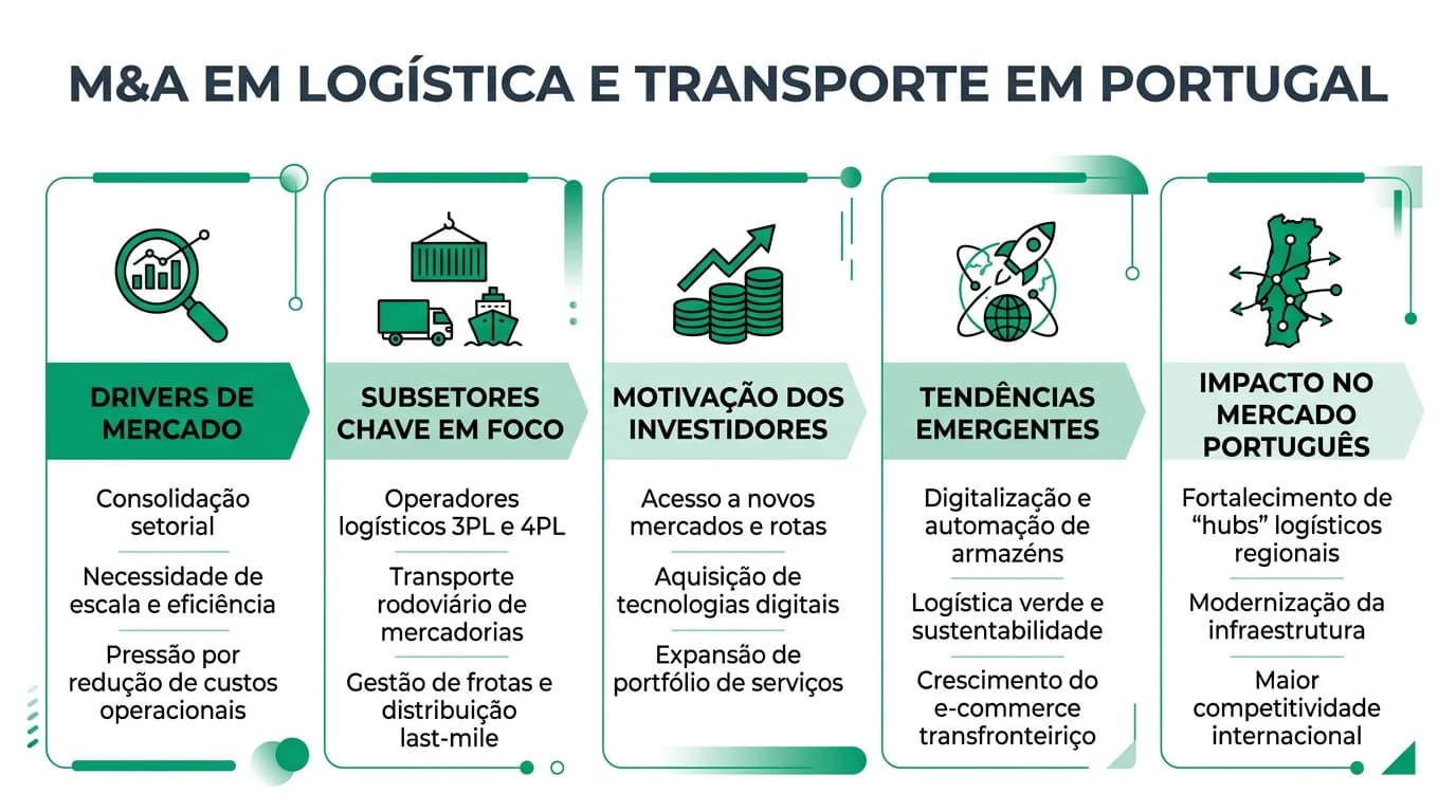 Infográfico sobre M&A em logística e transporte: frota, licenças, contratos e due diligence em Portugal.