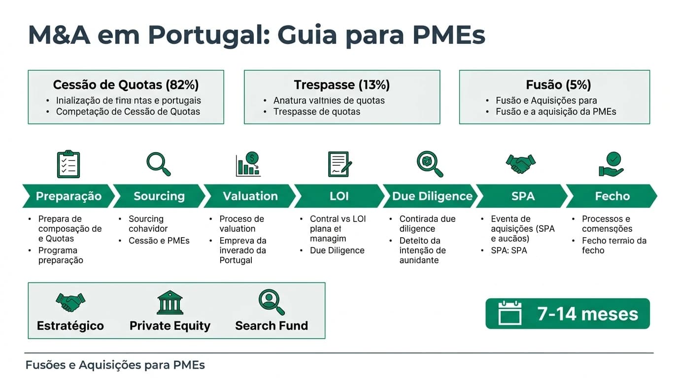 Infográfico em português sobre M&A em Portugal para PMEs: sete fases do processo (preparação, sourcing, valuation, LOI, due diligence, SPA e fecho), tipos de compradores e estruturas de transação (quotas, trespasse, fusão).