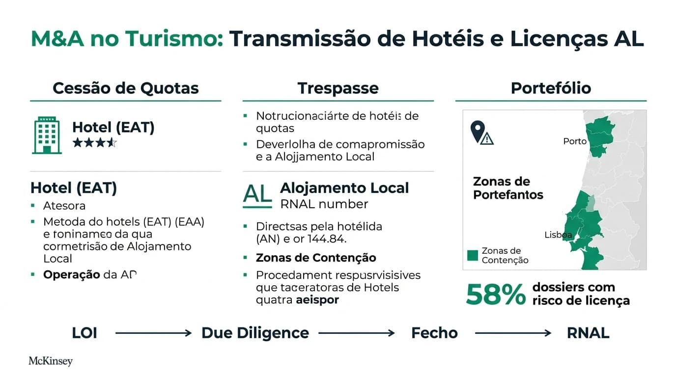 Infográfico profissional em português: M&A no turismo com transmissão de hotéis e licenças AL — três vias (cessão de quotas, trespasse, portefólio), comparação hotel versus alojamento local, risco municipal pós-DL 76/2024 e calendário de due diligence.