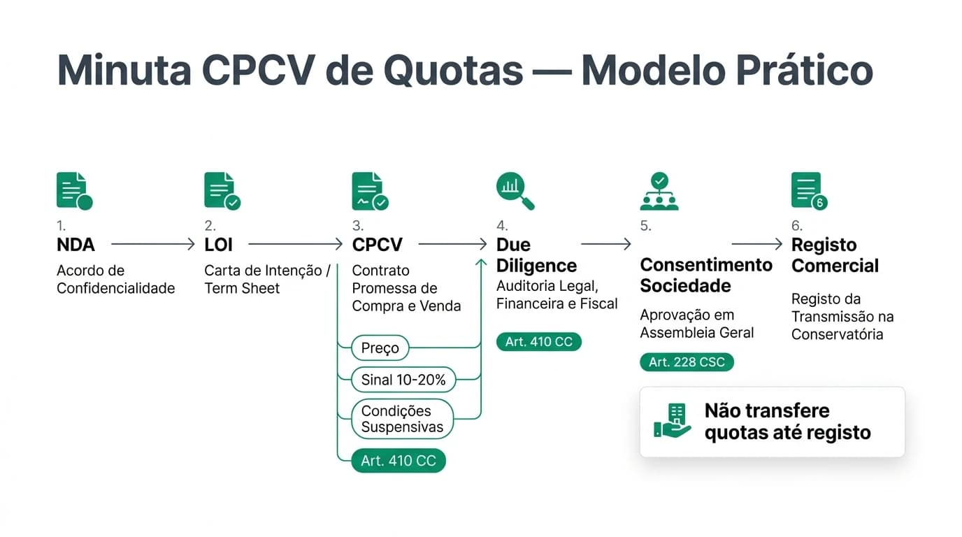 Mapa visual das cláusulas do CPCV de quotas em Portugal: identificação das partes, objeto, preço e sinal, condições suspensivas, consentimento da sociedade, direito de preferência e caminho até ao registo comercial na cessão definitiva.