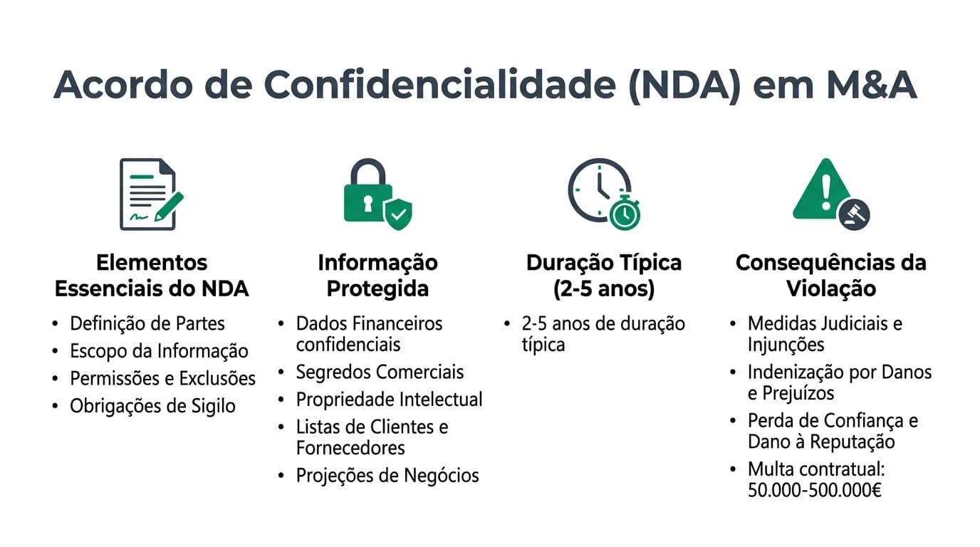 Infográfico 16:9 sobre acordos de confidencialidade (NDA) em operações de M&A em Portugal, com blocos para tipos de NDA, cláusulas essenciais, duração típica, penalidades, fluxo de assinatura e erros comuns a evitar