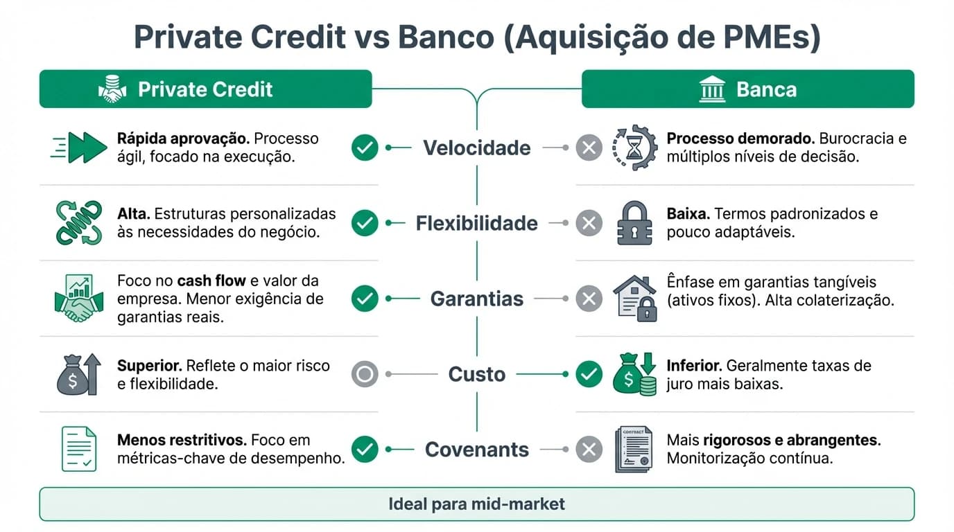 Infográfico comparativo entre private credit e banca para aquisições de PMEs, destacando velocidade, flexibilidade, garantias e custo.