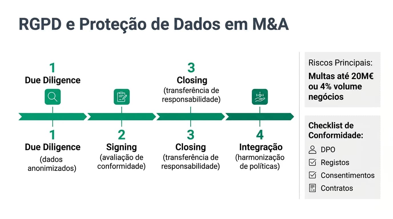 Infográfico sobre o RGPD em operações de M&A em Portugal mostrando as fases de compliance: pré-transação, due diligence, closing e pós-aquisição com respetivos requisitos legais