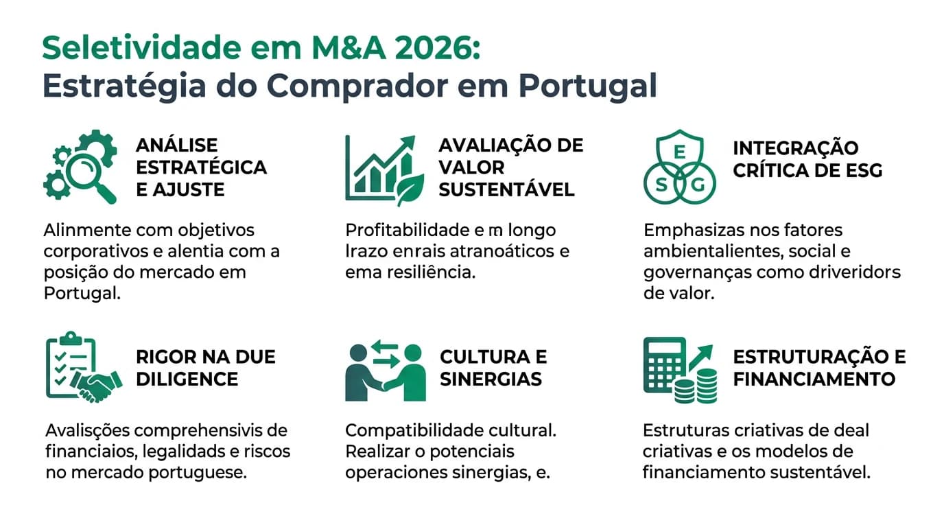 Infográfico sobre seletividade em M&A 2026: estratégia do comprador, valor sustentável, ESG e critérios de seleção em Portugal.