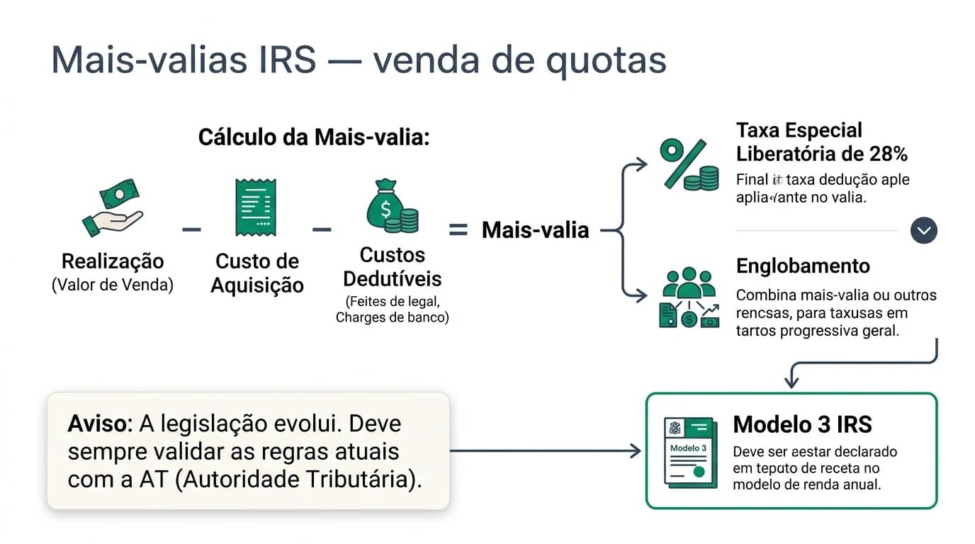 Diagrama do simulador de mais-valias na venda de quotas Lda ligado ao Anexo G do IRS: entradas de valor de realização e custo de aquisição, benefício artigo 43.º CIRS, saída de imposto estimado e referência à declaração Modelo 3.