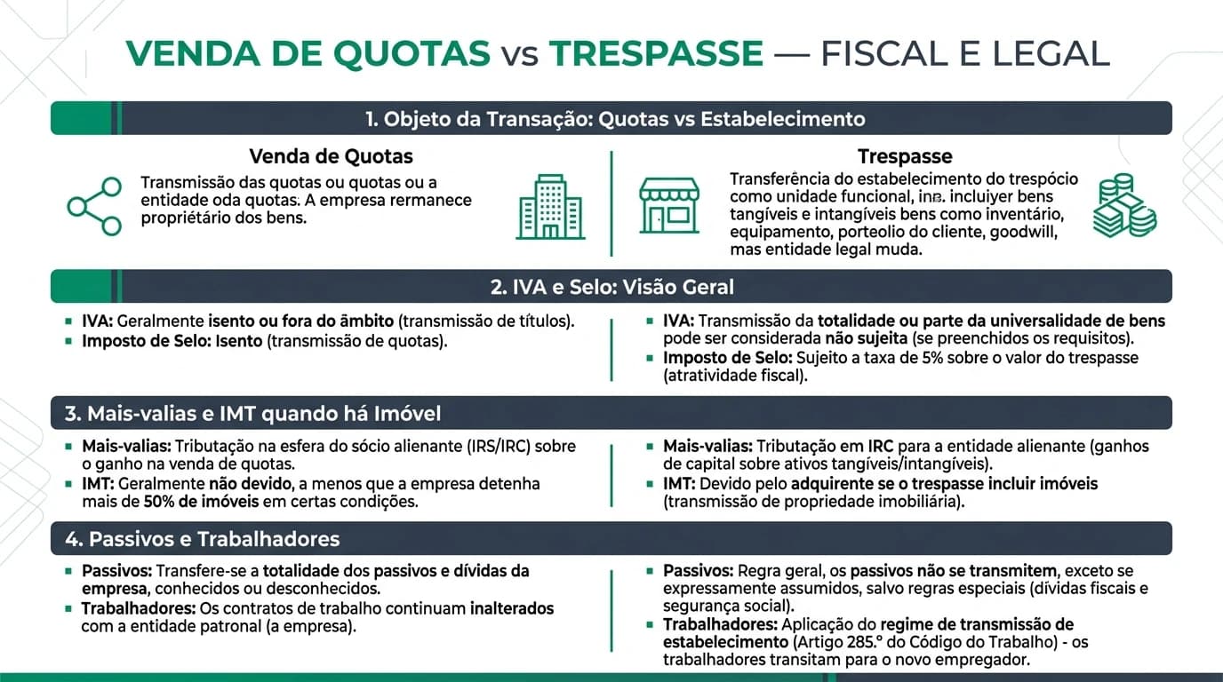 Infográfico profissional em português: venda de quotas versus trespasse em Portugal — comparação fiscal e jurídica entre share deal e asset deal para PME, com destaque para IVA, IMT, passivos e trabalhadores.