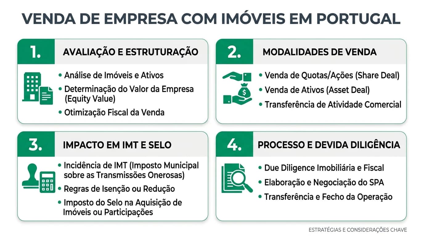 Infográfico profissional em português: vender empresa com ou sem imóvel — estrutura OpCo PropCo, impacto fiscal IMT e mais-valias, e comparação entre venda integrada e separada em Portugal.