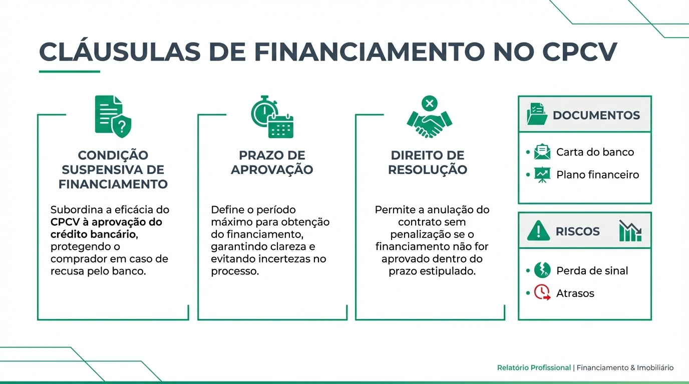 Infográfico com cláusulas de financiamento no CPCV: condição suspensiva, prazo de aprovação, direito de resolução e documentos obrigatórios.