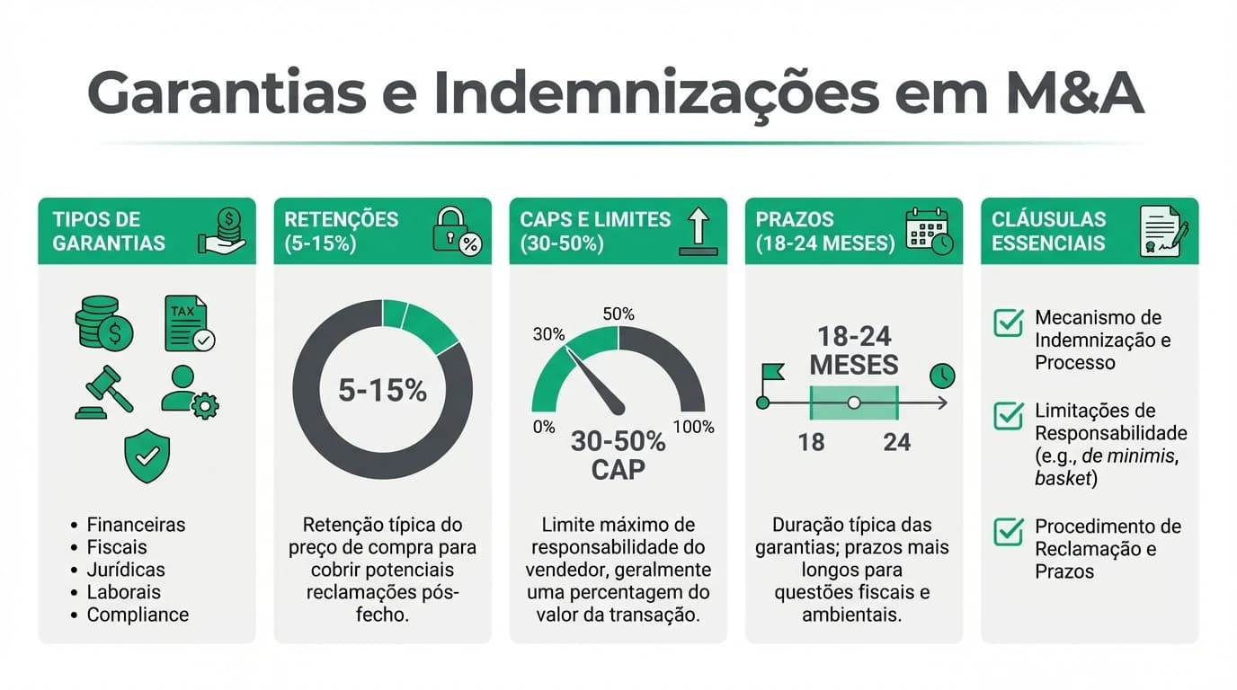 Infográfico profissional sobre garantias e indemnizações em compra de empresas em Portugal, mostrando os tipos de garantias, estrutura de retenções, prazos típicos e cláusulas essenciais do SPA.