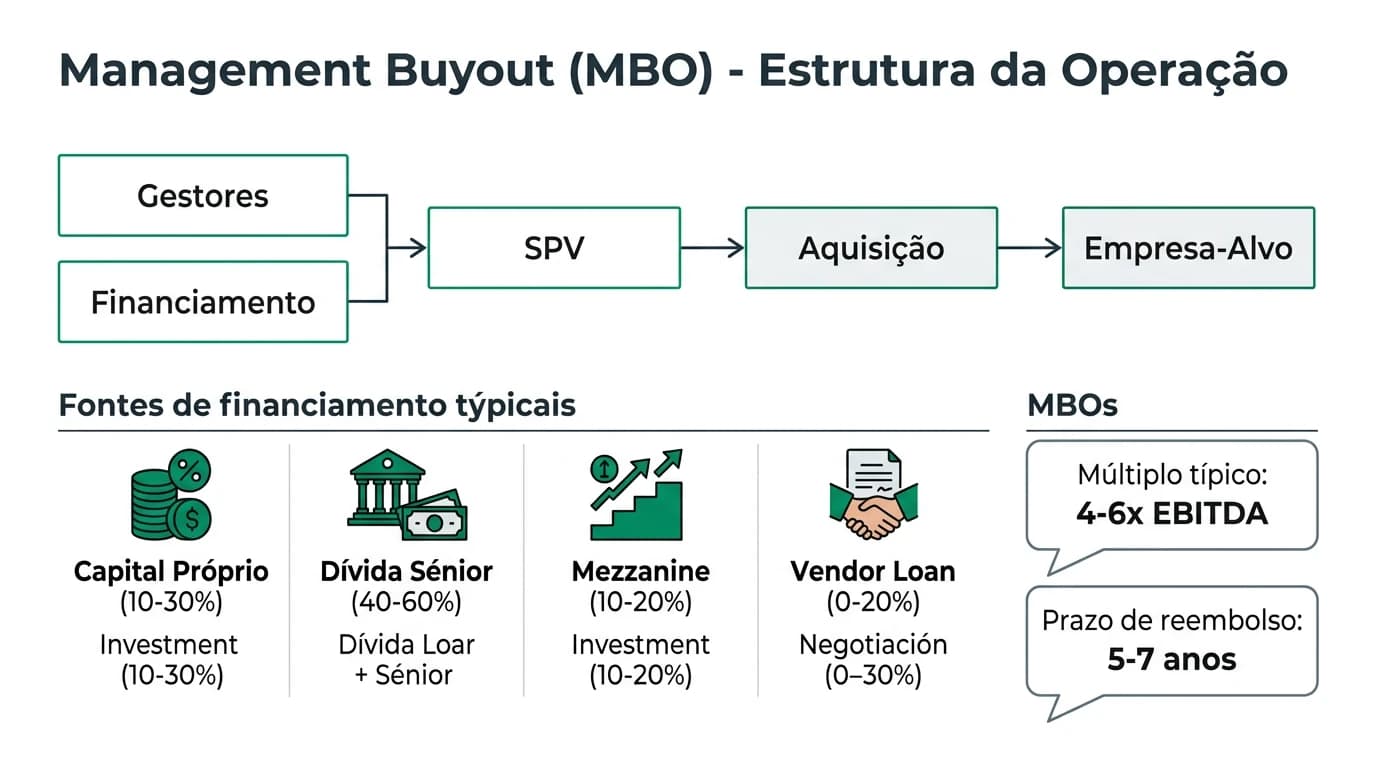 Infográfico 16:9 sobre Management Buyout em Portugal com estrutura típica de MBO, fontes de financiamento (dívida sénior, mezzanine, vendor loan, equity), criação de SPV, fluxo de aquisição e perfil de retorno para gestores