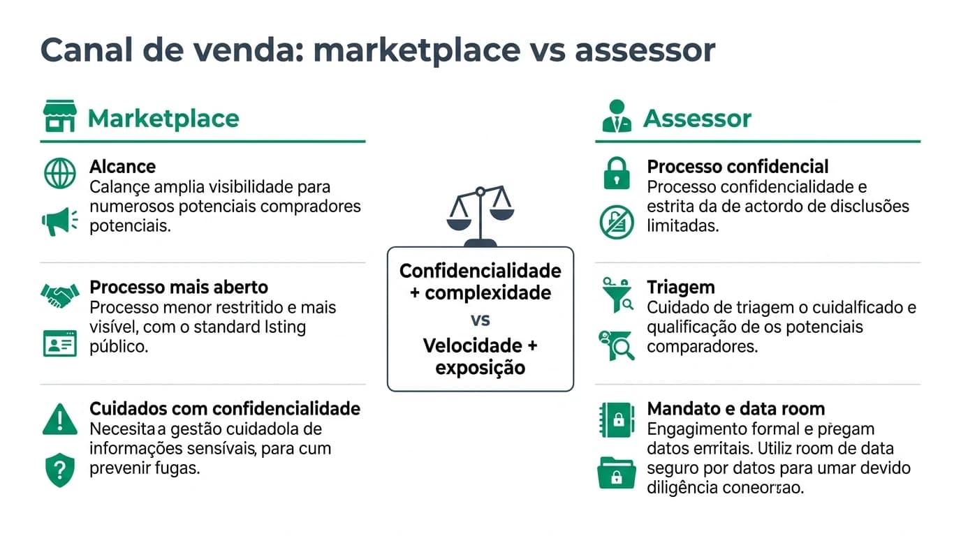Comparação visual entre marketplace e assessor M&A na venda de PME: alcance, confidencialidade e triagem.