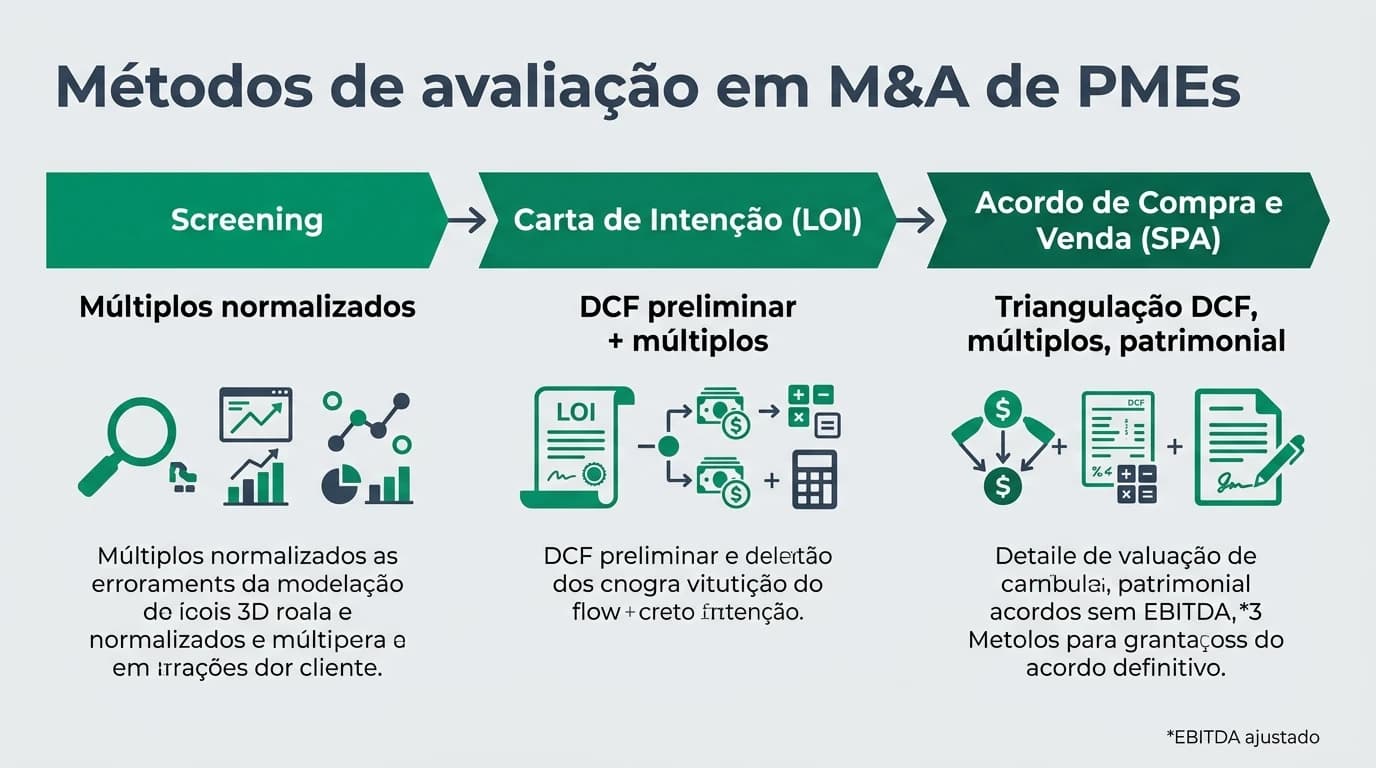 Fluxograma ilustrativo das fases screening, LOI e SPA com métodos de avaliação associados para PMEs em Portugal.