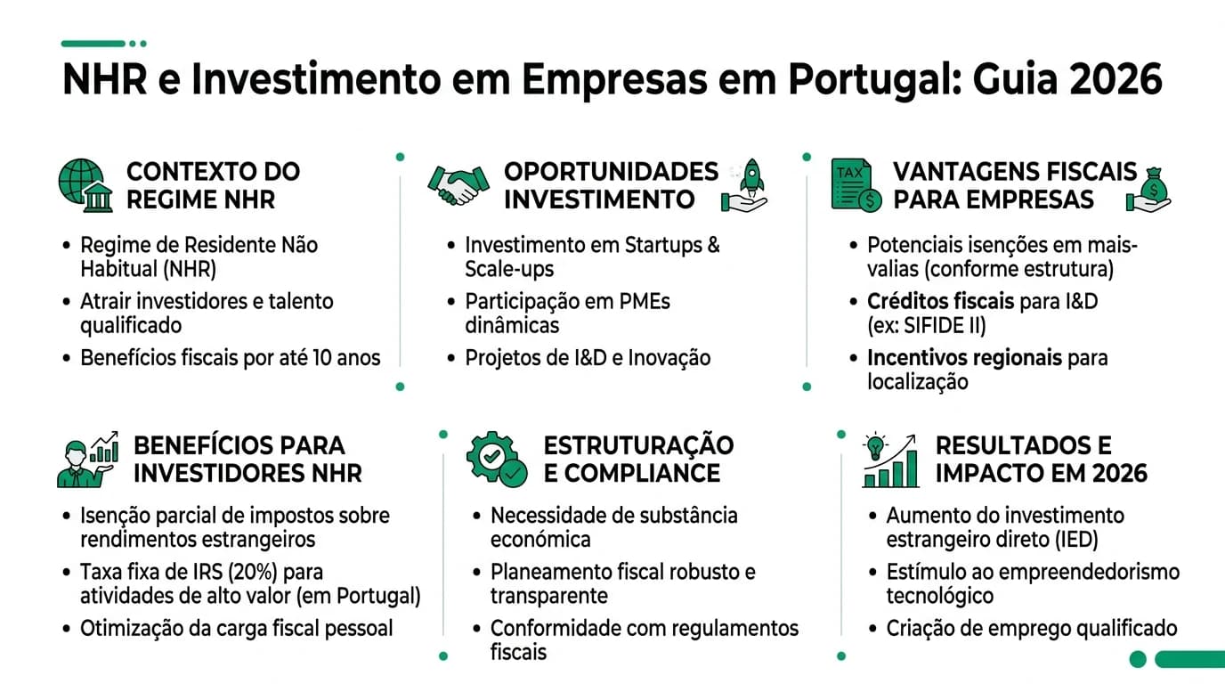 Infográfico sobre NHR e investimento em empresas em Portugal.