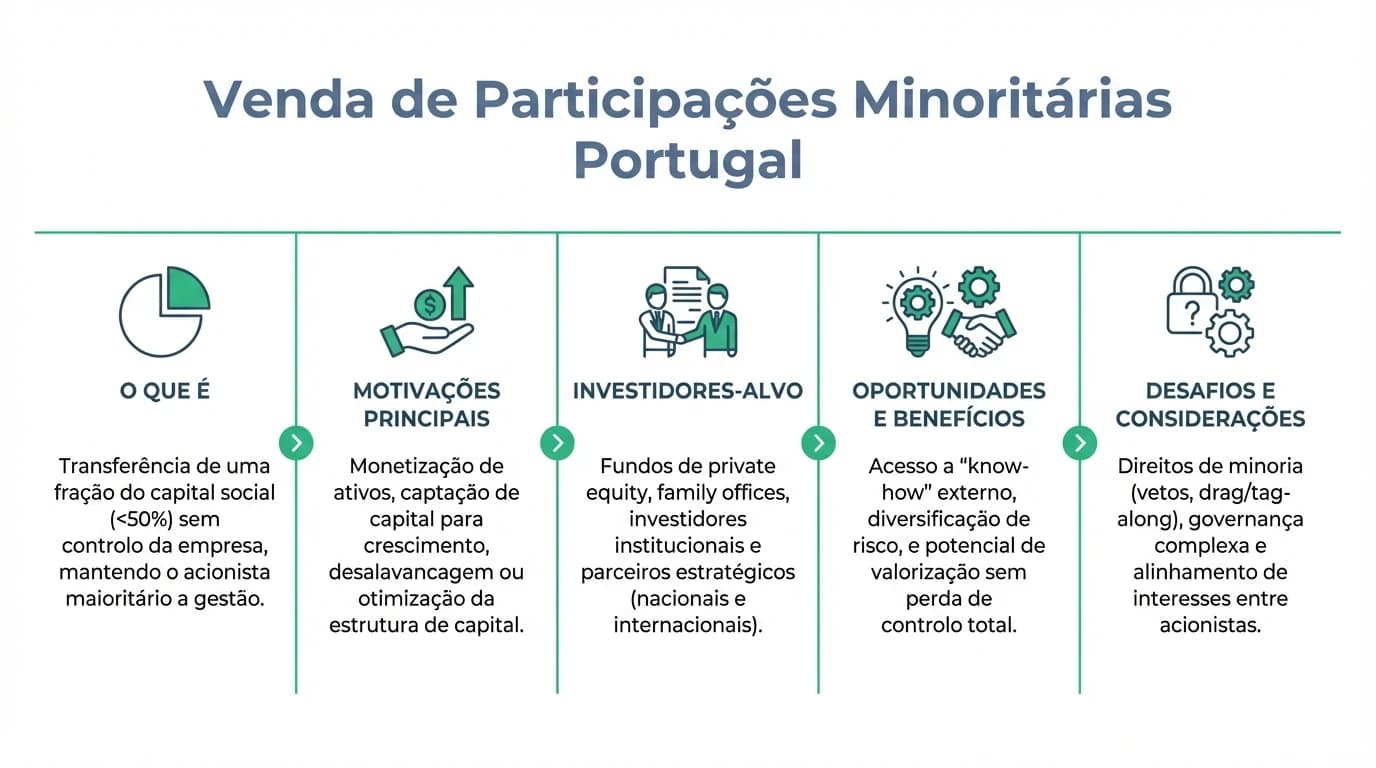 Infográfico sobre venda de participações minoritárias: valorização, tag-along, drag-along, cláusulas de preferência e direitos em Portugal.